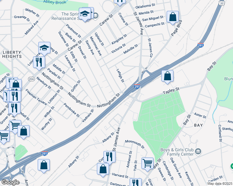 map of restaurants, bars, coffee shops, grocery stores, and more near 23 Savoy Avenue in Springfield