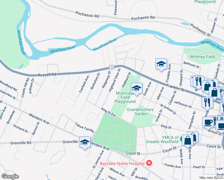 map of restaurants, bars, coffee shops, grocery stores, and more near 80 Highland View Street in Westfield