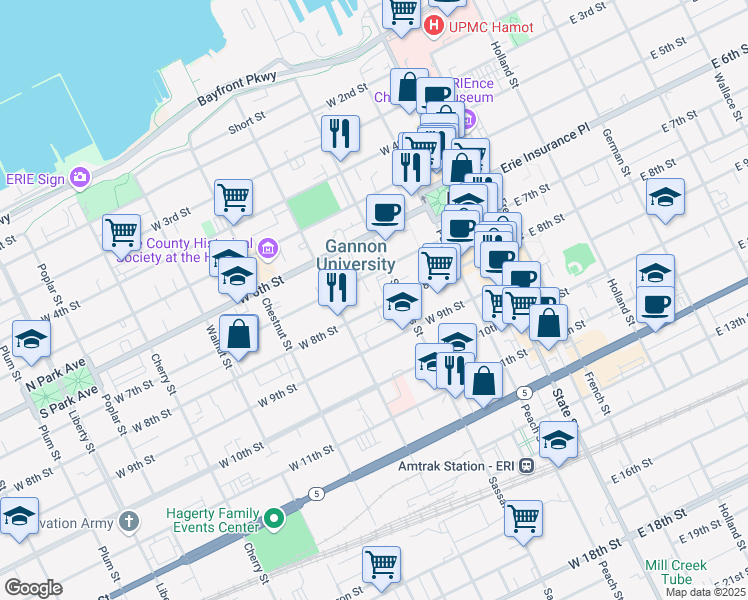 map of restaurants, bars, coffee shops, grocery stores, and more near 226 West 8th Street in Erie