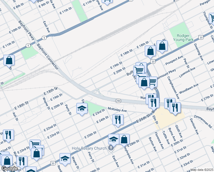 map of restaurants, bars, coffee shops, grocery stores, and more near 1139 Buffalo Road in Erie