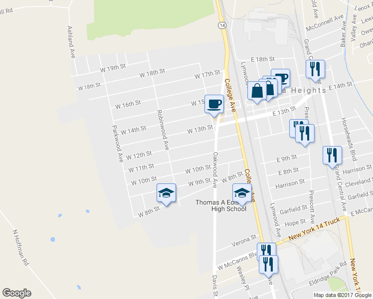 map of restaurants, bars, coffee shops, grocery stores, and more near 223 West 12th Street in Elmira