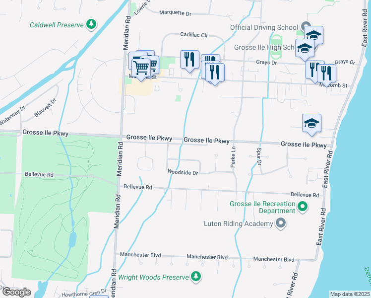 map of restaurants, bars, coffee shops, grocery stores, and more near 8891 Grosse Ile Parkway in Grosse Ile Township