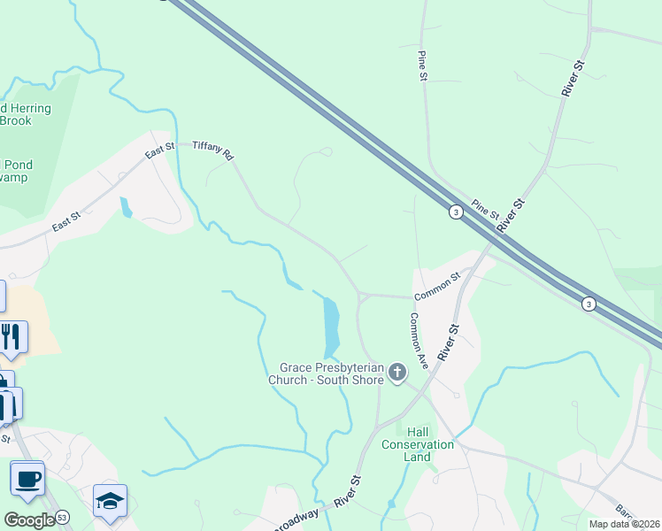 map of restaurants, bars, coffee shops, grocery stores, and more near 99 Tiffany Road in Norwell