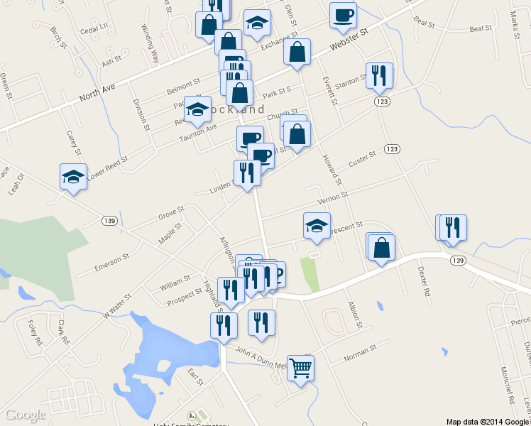 map of restaurants, bars, coffee shops, grocery stores, and more near 135 Union Street in Rockland