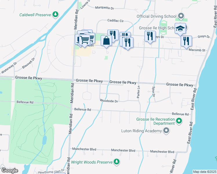 map of restaurants, bars, coffee shops, grocery stores, and more near 8891 Grosse Ile Parkway in Grosse Ile Township