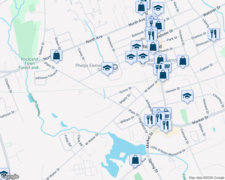map of restaurants, bars, coffee shops, grocery stores, and more near 119 Grove Street in Rockland