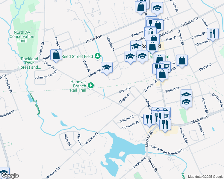 map of restaurants, bars, coffee shops, grocery stores, and more near 119 Grove Street in Rockland