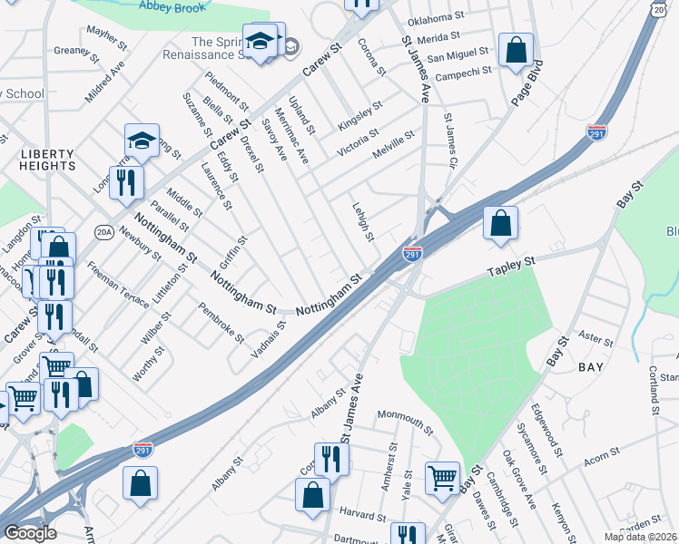 map of restaurants, bars, coffee shops, grocery stores, and more near 20 Cabot Place in Springfield