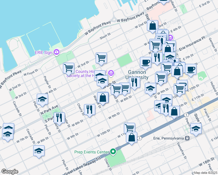 map of restaurants, bars, coffee shops, grocery stores, and more near 405 West 6th Street in Erie