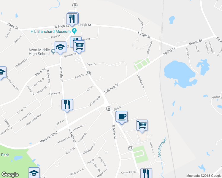 map of restaurants, bars, coffee shops, grocery stores, and more near 163 East Spring Street in Avon