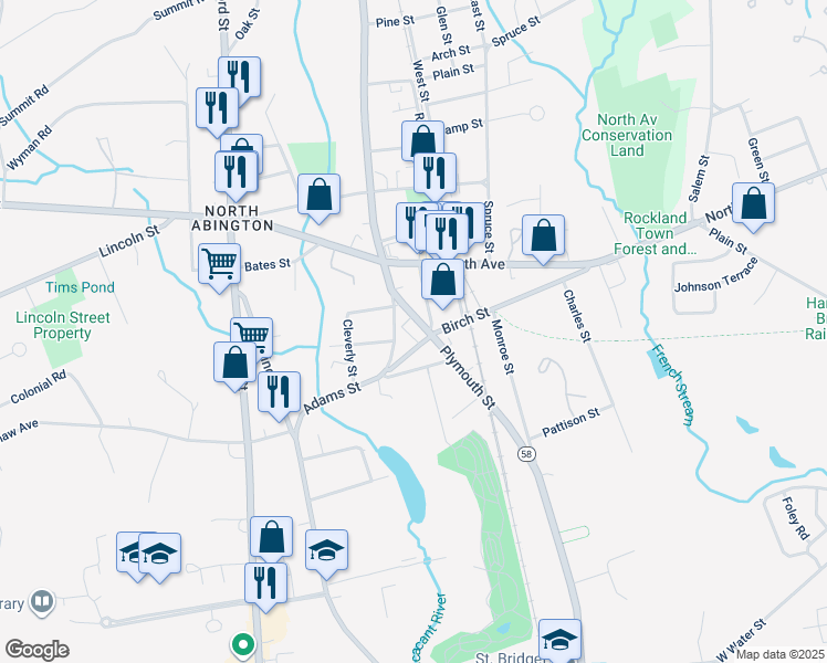 map of restaurants, bars, coffee shops, grocery stores, and more near 171 Adams Street in Abington