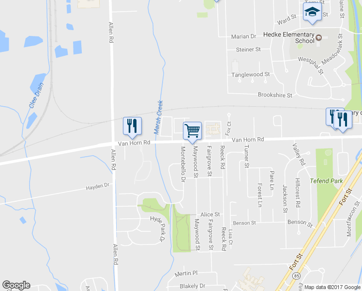 map of restaurants, bars, coffee shops, grocery stores, and more near 25046 Montebello Drive in Woodhaven