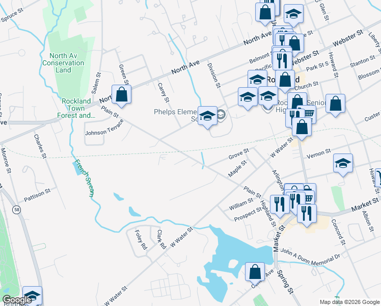 map of restaurants, bars, coffee shops, grocery stores, and more near 265 Plain Street in Rockland