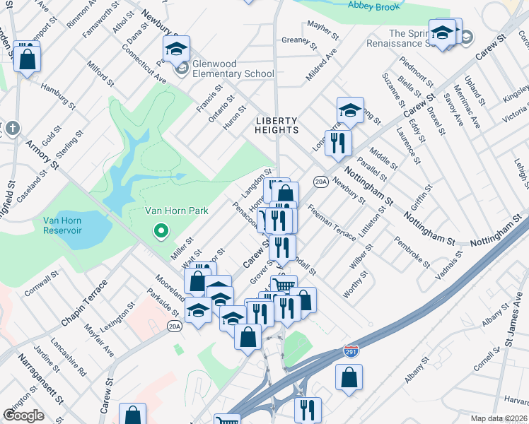 map of restaurants, bars, coffee shops, grocery stores, and more near 30 Woodmont Street in Springfield