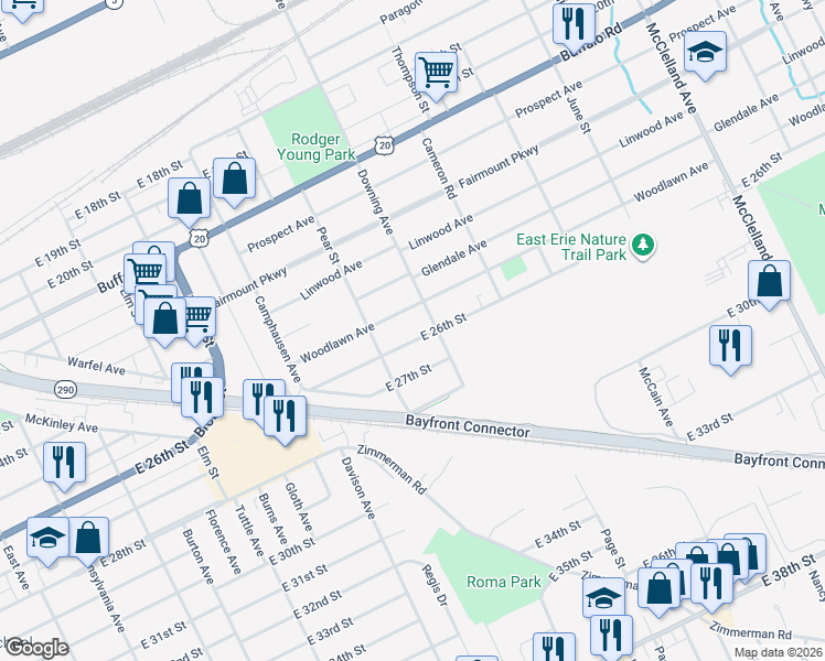 map of restaurants, bars, coffee shops, grocery stores, and more near 1740 E 26th St in Erie