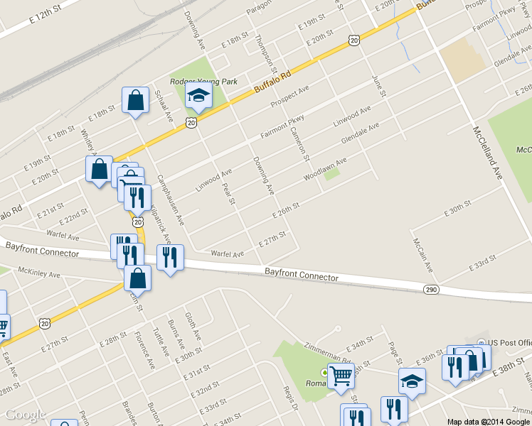 map of restaurants, bars, coffee shops, grocery stores, and more near 1740 East 26th Street in Erie