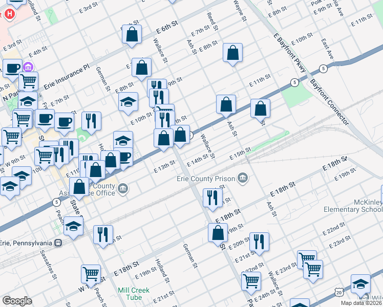 map of restaurants, bars, coffee shops, grocery stores, and more near 409 East 13th Street in Erie