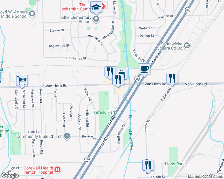 map of restaurants, bars, coffee shops, grocery stores, and more near 3041 Van Horn Road in Trenton