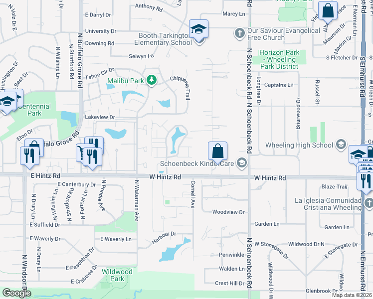 map of restaurants, bars, coffee shops, grocery stores, and more near 715 Lakeside Circle Drive in Wheeling