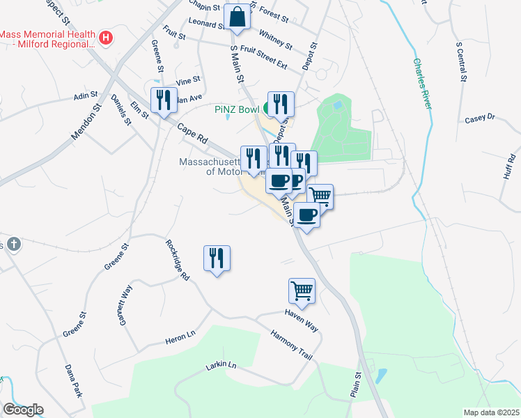 map of restaurants, bars, coffee shops, grocery stores, and more near 47 Courtland Street in Milford