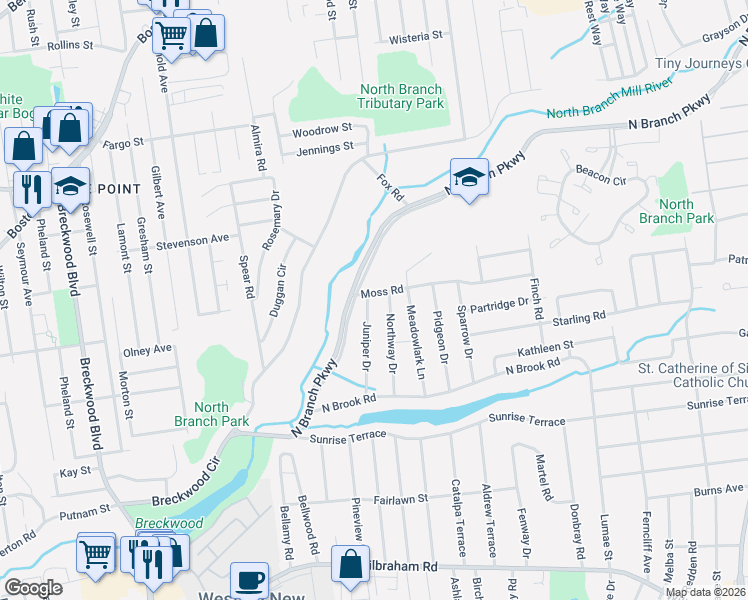 map of restaurants, bars, coffee shops, grocery stores, and more near 5 Juniper Drive in Springfield