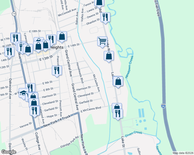 map of restaurants, bars, coffee shops, grocery stores, and more near 150 McCauley Avenue in Elmira