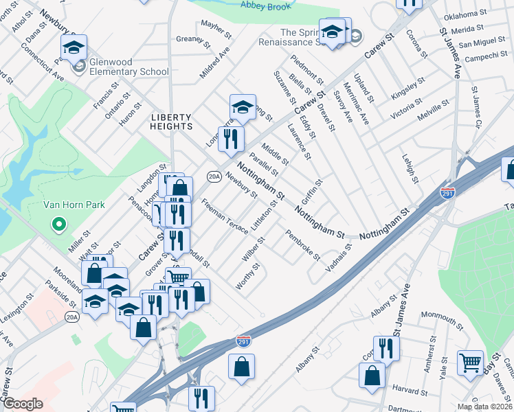 map of restaurants, bars, coffee shops, grocery stores, and more near 191 Phoenix Terrace in Springfield