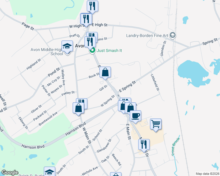 map of restaurants, bars, coffee shops, grocery stores, and more near 173 East Main Street in Avon