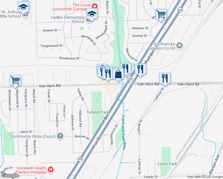 map of restaurants, bars, coffee shops, grocery stores, and more near 3041 Van Horn Road in Trenton