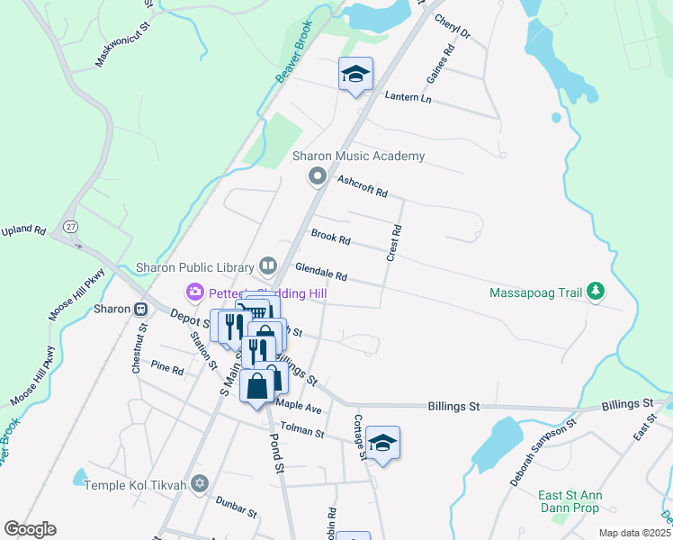 map of restaurants, bars, coffee shops, grocery stores, and more near 26 Glendale Road in Sharon