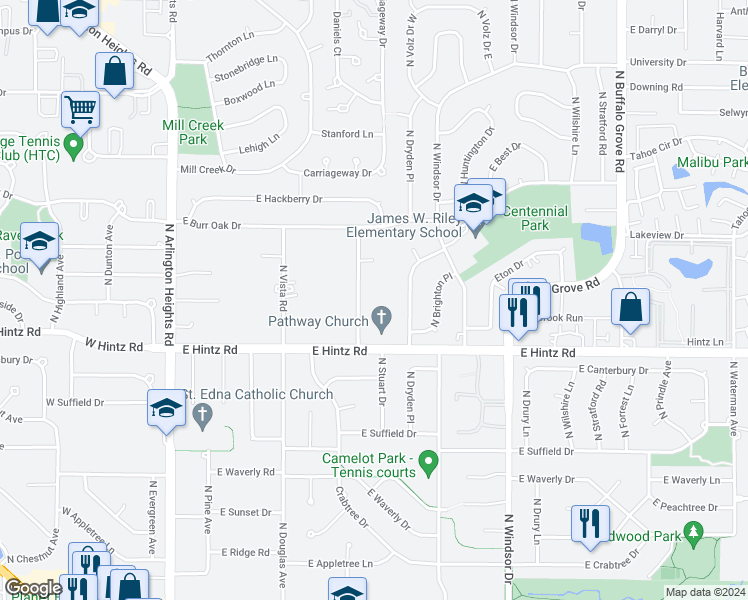 map of restaurants, bars, coffee shops, grocery stores, and more near 2733 North Elm Lane in Arlington Heights