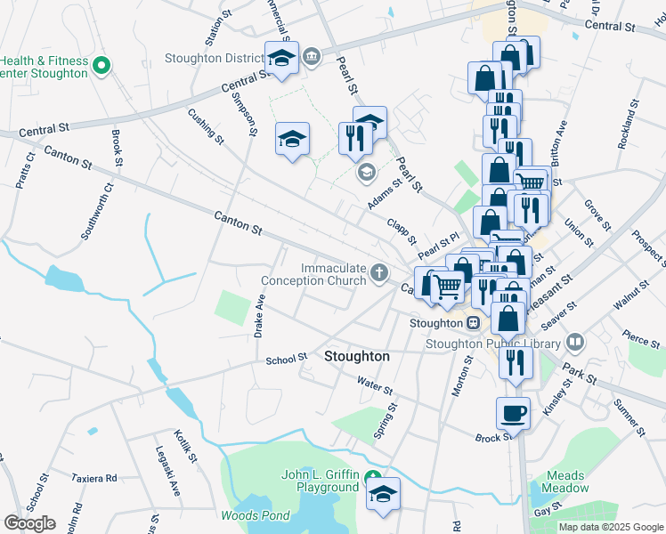 map of restaurants, bars, coffee shops, grocery stores, and more near 178 Canton Street in Stoughton