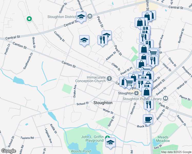 map of restaurants, bars, coffee shops, grocery stores, and more near 178 Canton St in Stoughton
