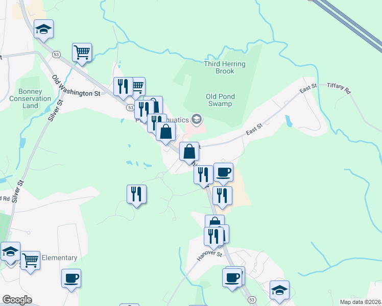 map of restaurants, bars, coffee shops, grocery stores, and more near 711 Washington Street in Hanover