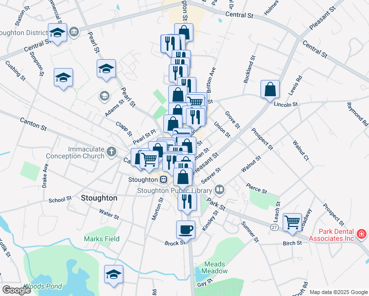 map of restaurants, bars, coffee shops, grocery stores, and more near 76 Porter Street in Stoughton