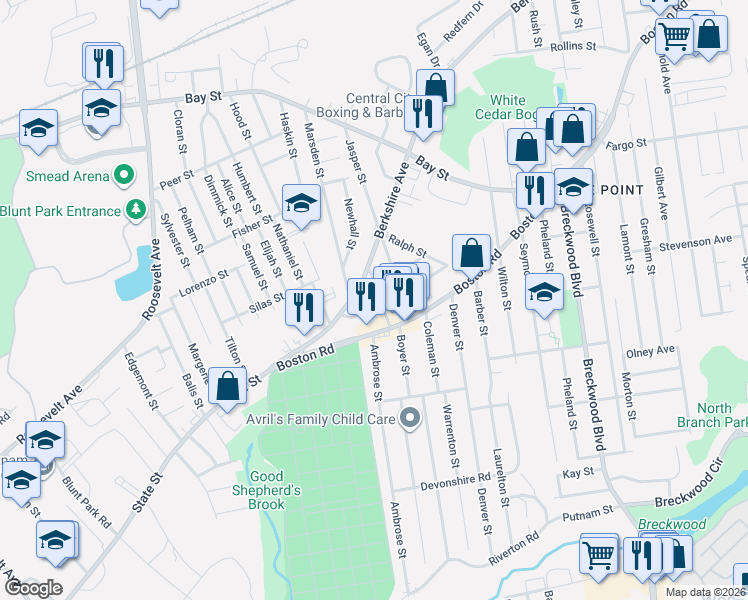 map of restaurants, bars, coffee shops, grocery stores, and more near 23 Preston Street in Springfield