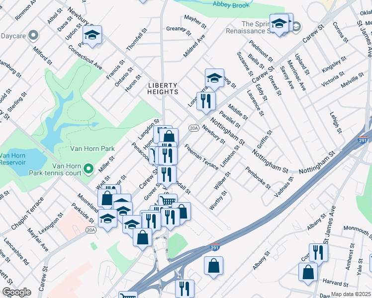 map of restaurants, bars, coffee shops, grocery stores, and more near 32 Freeman Terrace in Springfield