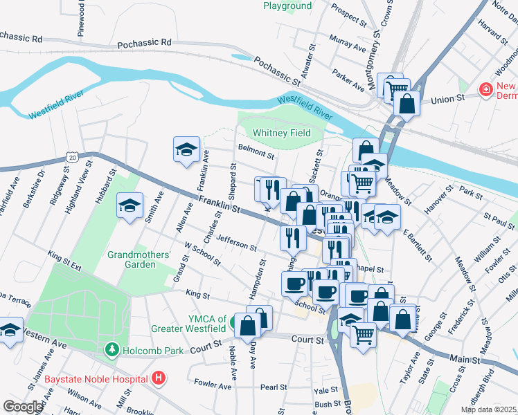 map of restaurants, bars, coffee shops, grocery stores, and more near 71 Franklin Street in Westfield