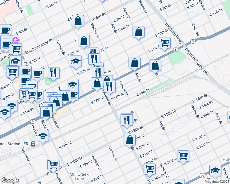 map of restaurants, bars, coffee shops, grocery stores, and more near 409 East 13th Street in Erie