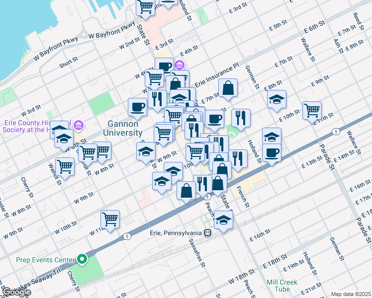 map of restaurants, bars, coffee shops, grocery stores, and more near 900 State Street in Erie