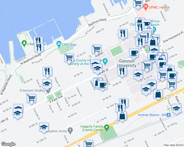 map of restaurants, bars, coffee shops, grocery stores, and more near 446 West 6th Street in Erie