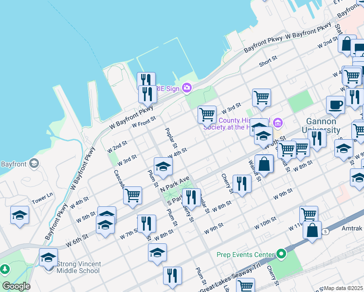 map of restaurants, bars, coffee shops, grocery stores, and more near 4 West Street in Erie