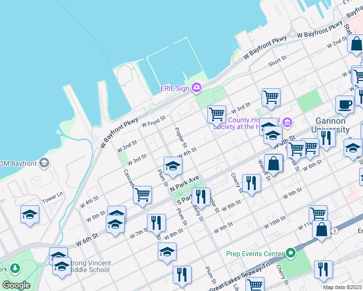 map of restaurants, bars, coffee shops, grocery stores, and more near in Erie