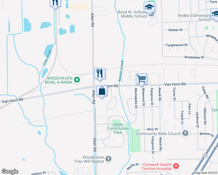 map of restaurants, bars, coffee shops, grocery stores, and more near 25101 Allen Road in Woodhaven