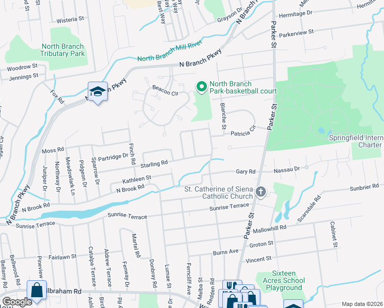 map of restaurants, bars, coffee shops, grocery stores, and more near 6 Wellfleet Drive in Springfield