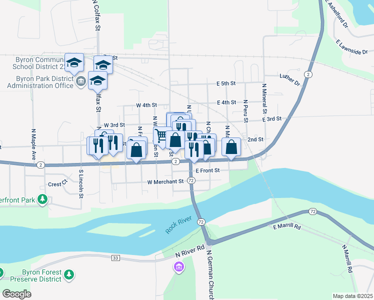 map of restaurants, bars, coffee shops, grocery stores, and more near 120 North Union Street in Byron