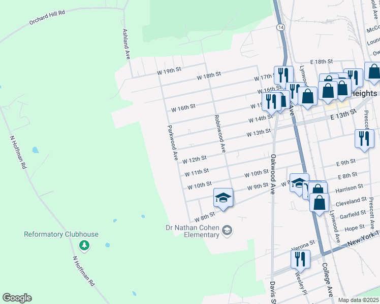 map of restaurants, bars, coffee shops, grocery stores, and more near 275 West 13th Street in Elmira Heights