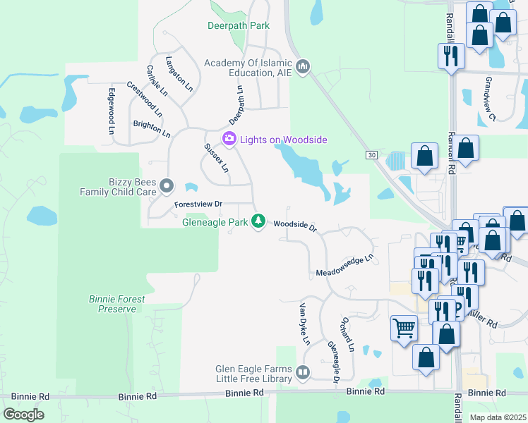 map of restaurants, bars, coffee shops, grocery stores, and more near 2368 Woodside Drive in Carpentersville