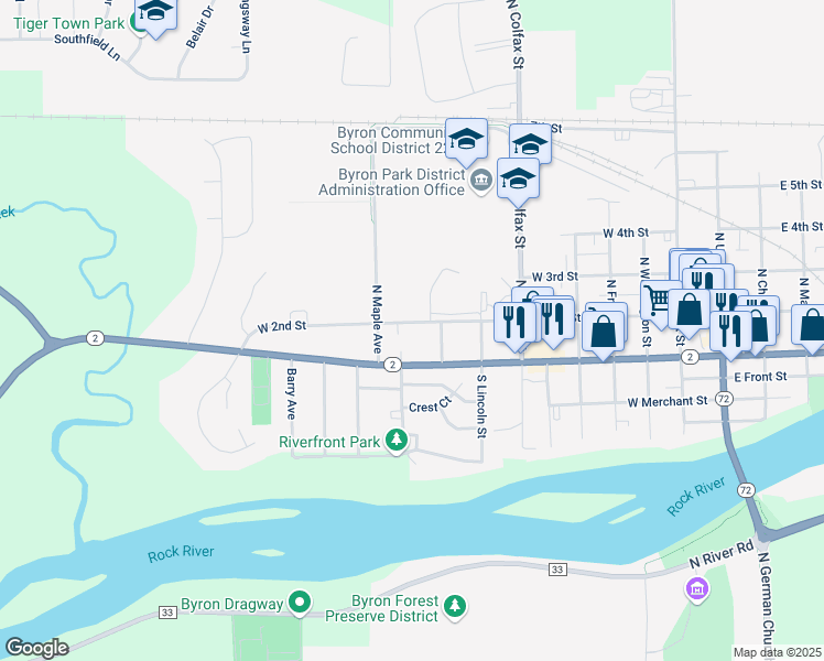 map of restaurants, bars, coffee shops, grocery stores, and more near 926 West 2nd Street in Byron
