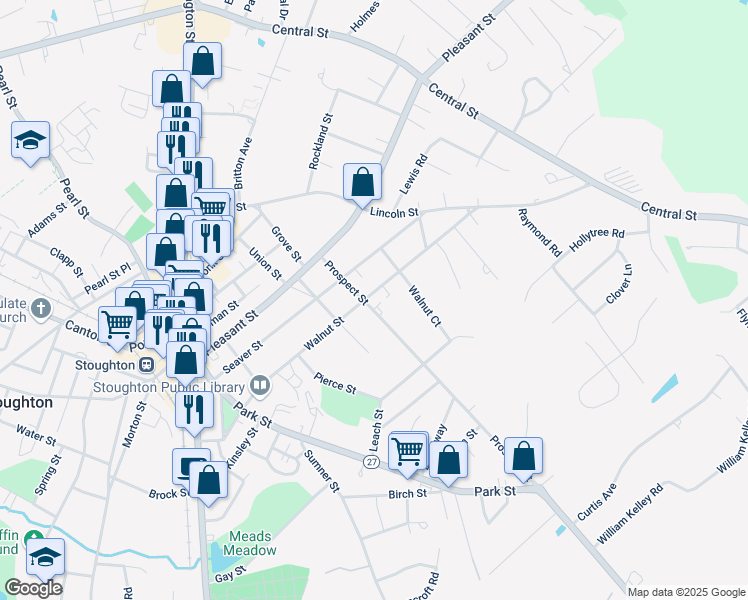 map of restaurants, bars, coffee shops, grocery stores, and more near 80 Prospect Street in Stoughton